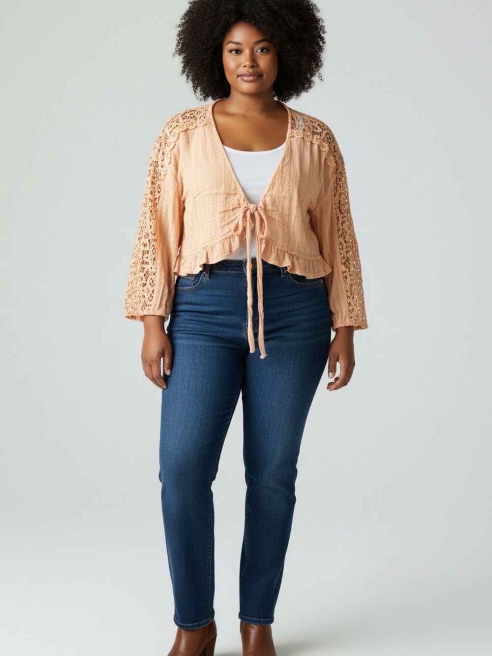 American Eagle Outfitters Peach Crochet-Sleeve Crop Top